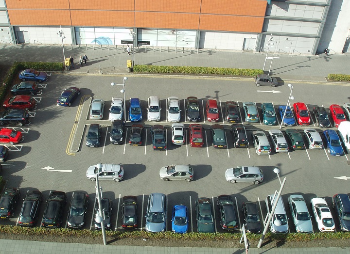 Aerial parking lot full of cars