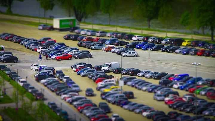 A miniature model of a busy car parking lot